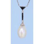 NATURAL SALTWATER PEARL DIAMOND AND ONYX PENDANT NECKLACE