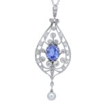 IMPORTANT CEYLON SAPPHIRE DIAMOND AND PEARL PENDANT