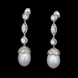 A PAIR OF CULTURED PEARL AND DIAMOND DROP EARRINGS