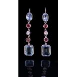 PAIR OF AQUAMARINE, RUBY AND DIAMOND DROP EARRINGS