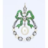 ANTIQUE VICTORIAN PEARL DIAMOND AND ENAMEL PENDANT