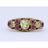 ANTIQUE CHRYSOLITE AND RUBY 15-CT GOLD RING