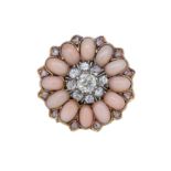 ANTIQUE CORAL AND DIAMOND FLORAL BROOCH