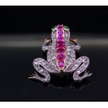 ANTIQUE DIAMOND RUBY AND EMERALD FROG BROOCH