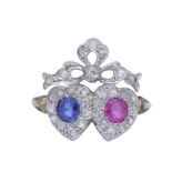 ANTIQUE RUBY SAPPHIRE AND DAIMOND DOUBLE HEART RING