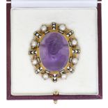 IMPORTANT AMETHYST PEARL AND ENAMEL CAMEO BROOCH