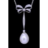 NATURAL PEARL AND DIAMOND PENDANT NECKLACE