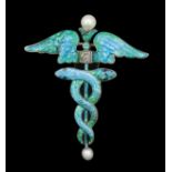 CHILD & CHILD ANTIQUE CADUCEUS ENAMEL BROOCH