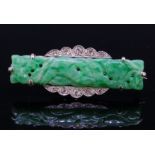 ART-DECO CARVED JADE AND DIAMOND BROOCH