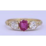 ANTIQUE RUBY AND DIAMOND 3-STONE RING