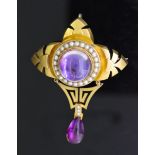 ANTIQUE VICTORIAN PEARL AND AMETHYST DROP BROOCH