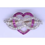 RUBY AND DIAMOND HEART RIBBON BROOCH