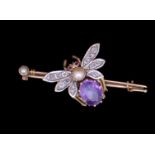 ANTIQUE DIAMOND PEARL AMETHYST FLY BROOCH