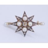 ANTIQUE VICTORIAN PEARL AND DIAMOND STAR BROOCH