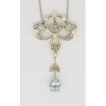 ART-NOUVEAU AQUAMARINE AND DIAMOND DROP PENDANT NECKLACE