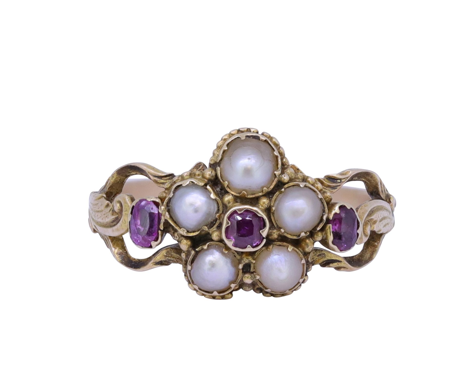 ANTIQUE RUBY AND PEARL CLUSTER RING