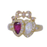 RUBY AND DIAMOND TWIN HEART RING