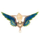 AN ANTIQUE PEARL, DIAMOND AND ENAMEL BROOCH