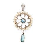 OPENWORK AQUAMARINE DIAMOND AND PEARL PENDANT