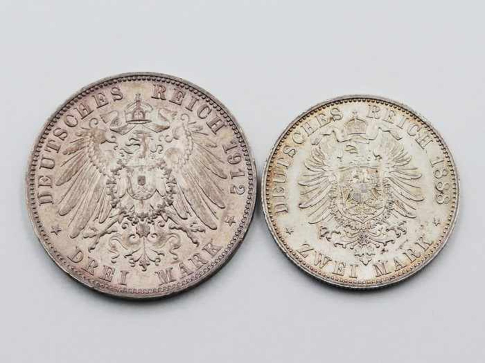 Deutsches ReichSilbermünzen 2 St., 1x 2 Mark 1888/A, Preussen u. 1x 3 Mark 1912/E, Sachsen, - Bild 2 aus 2