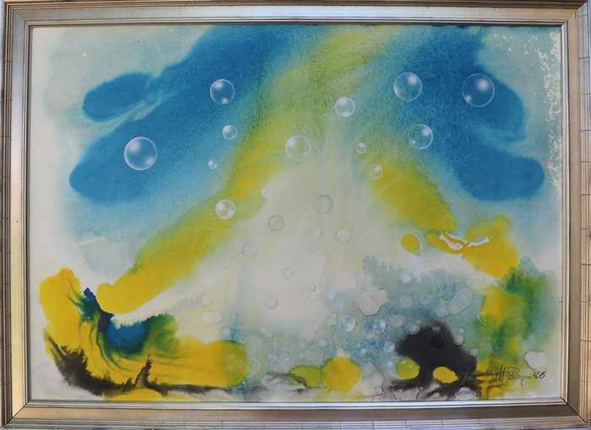 Unleserlich signiertwohl russischer Künstler, "Luftblasen vor surrealer Landschaft", Mischtechnik/