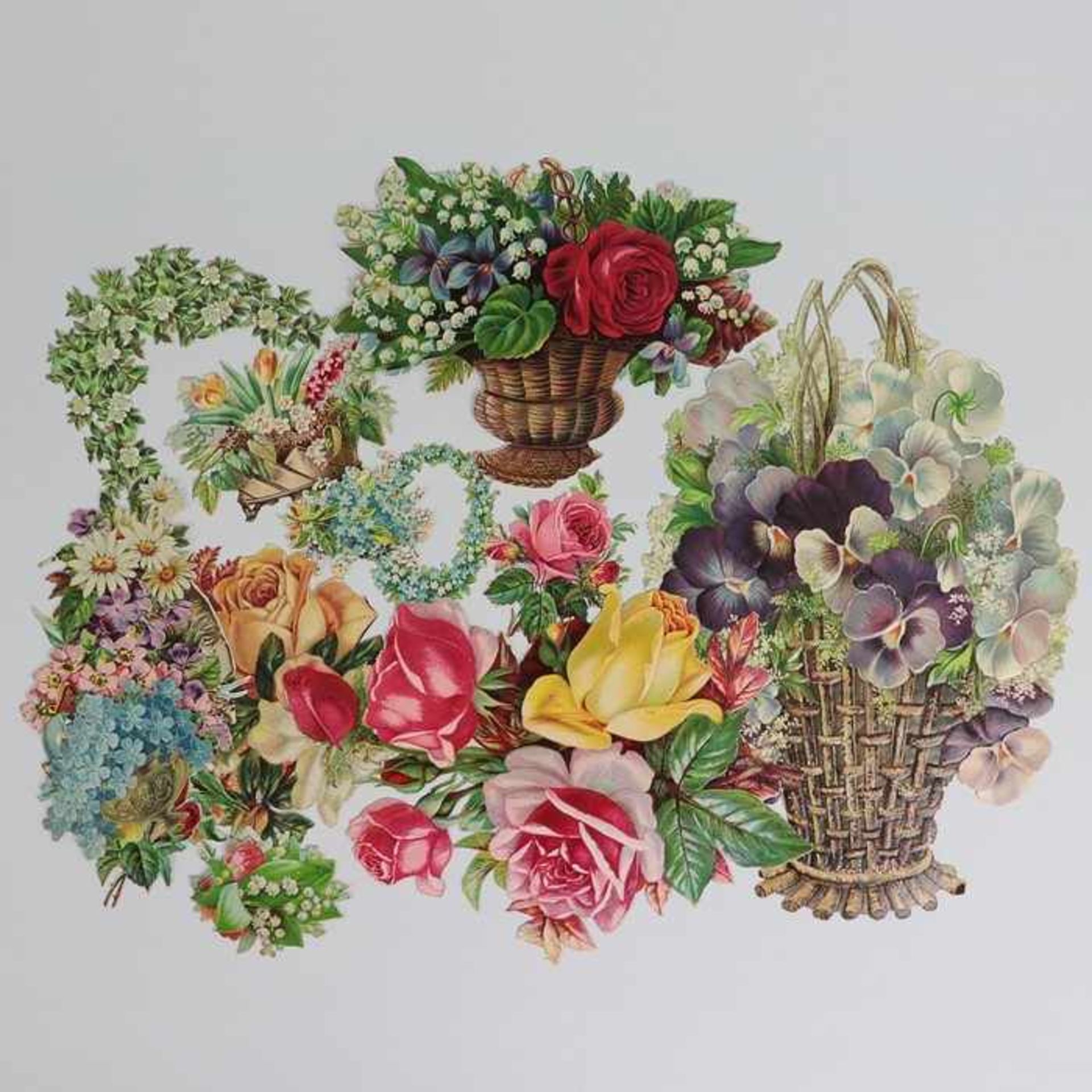 Luxuspapiere - Oblatenum 1900, ca. 15 St., farbig lithographierte u. geprägte Pappe, Blumenmotive,