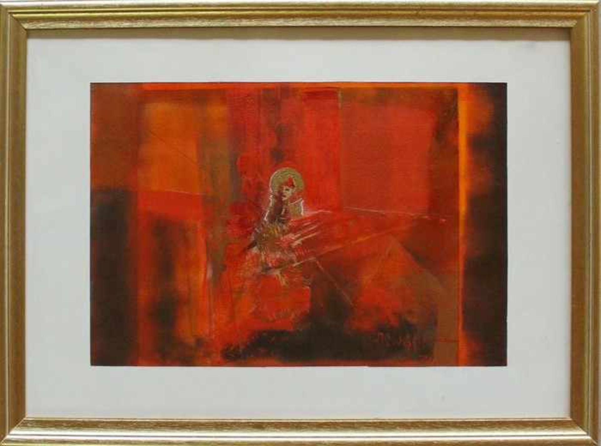 Mamis, Ryszard"Abstrakte Komposition mit Frauenfiguren", Mischtechnik in Rot u. Orange, m.