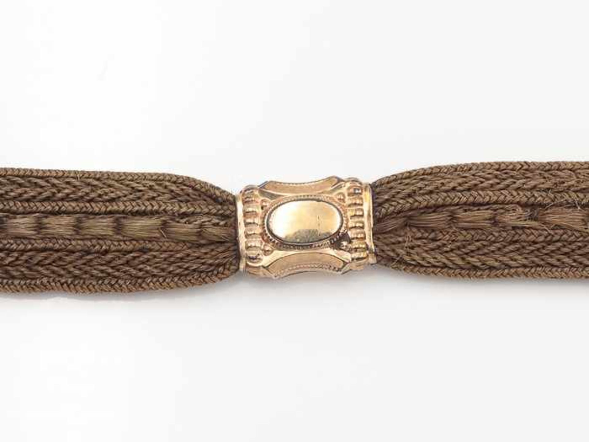 UhrenketteBiedermeier, aus geflochtenen Haaren mit Zierelementen - Hirschkopf u.a. - aus Schaumgold, - Bild 3 aus 3