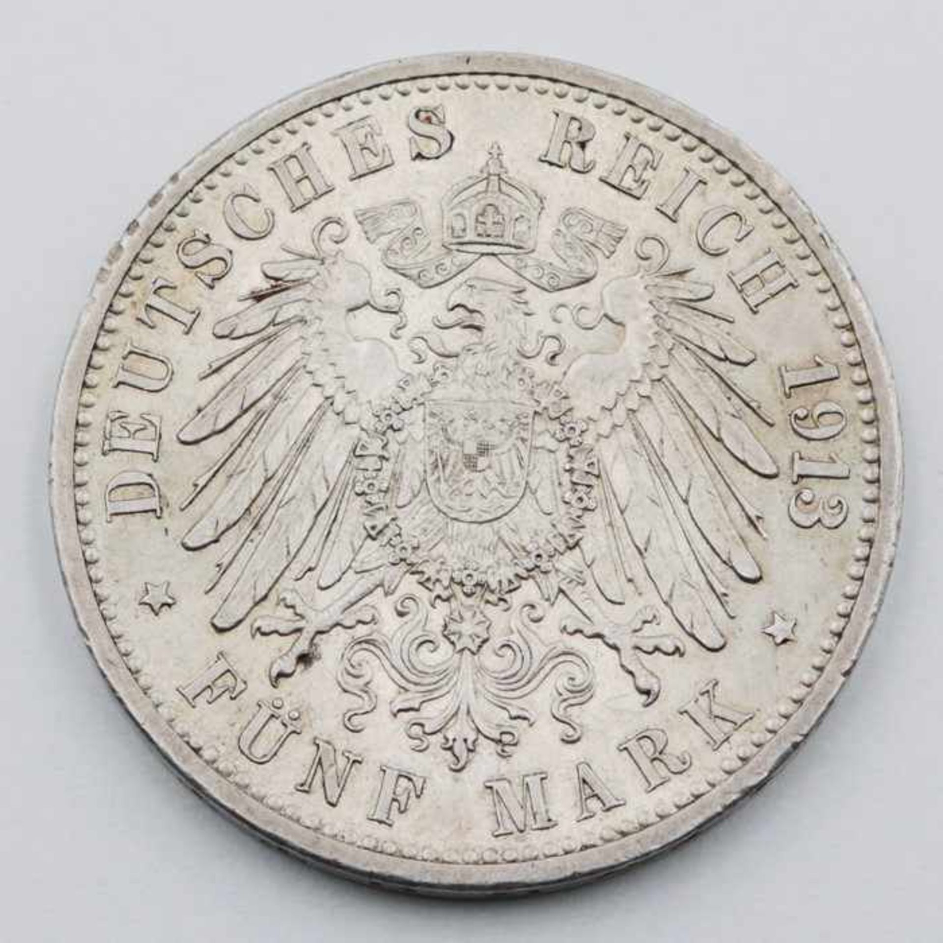 Deutsches ReichSilbermünze, 5 Mark,1913/G, Friedrich II Grossherzog von Baden , ss, Patina- - -20.00 - Bild 2 aus 2