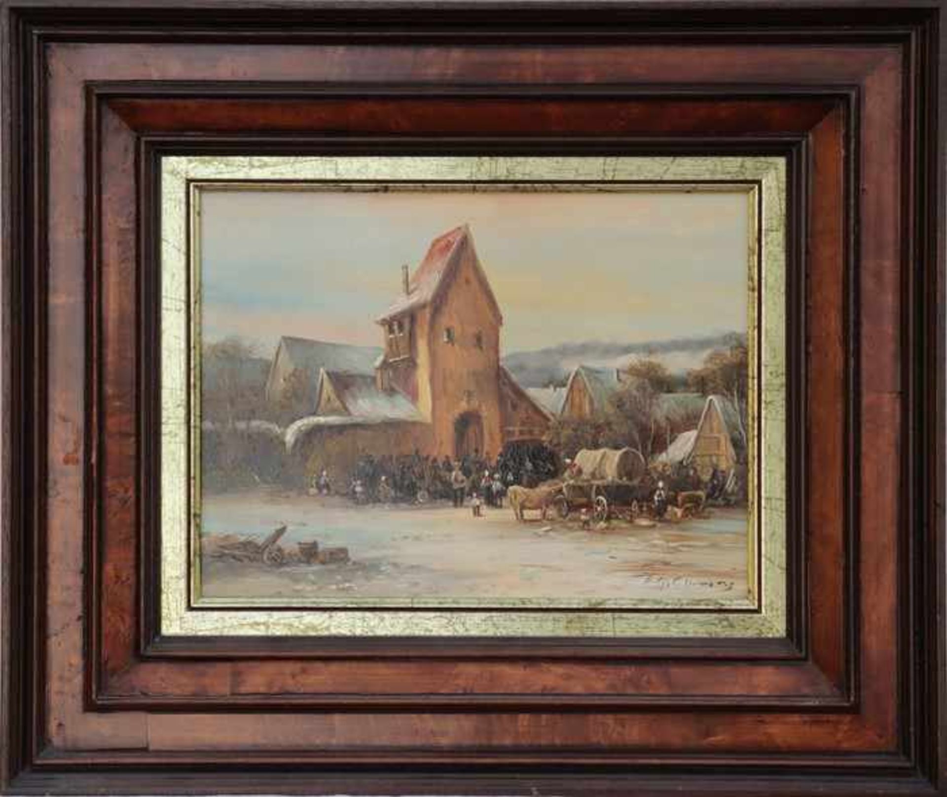 Clemens, H.G."Winterliche Szene vor einem Dorf", Öl/Pl., buntes Markttreiben m. reicher