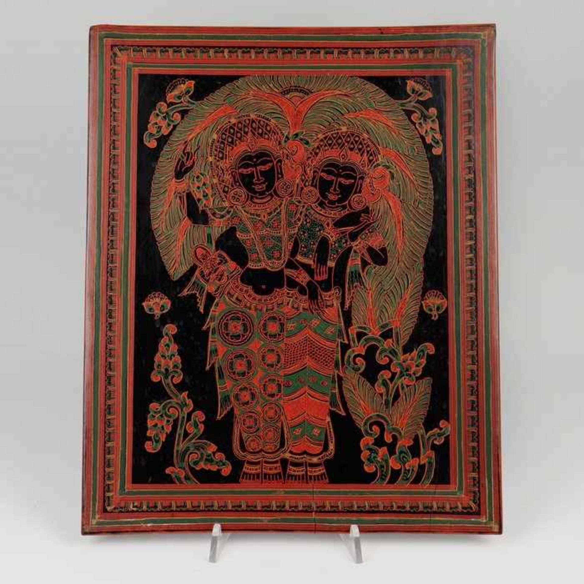LackbildM. 20.Jh., Burma, Baganstil, rechteckige Platte, schwarz lackiert, grün u. rot bemalt,