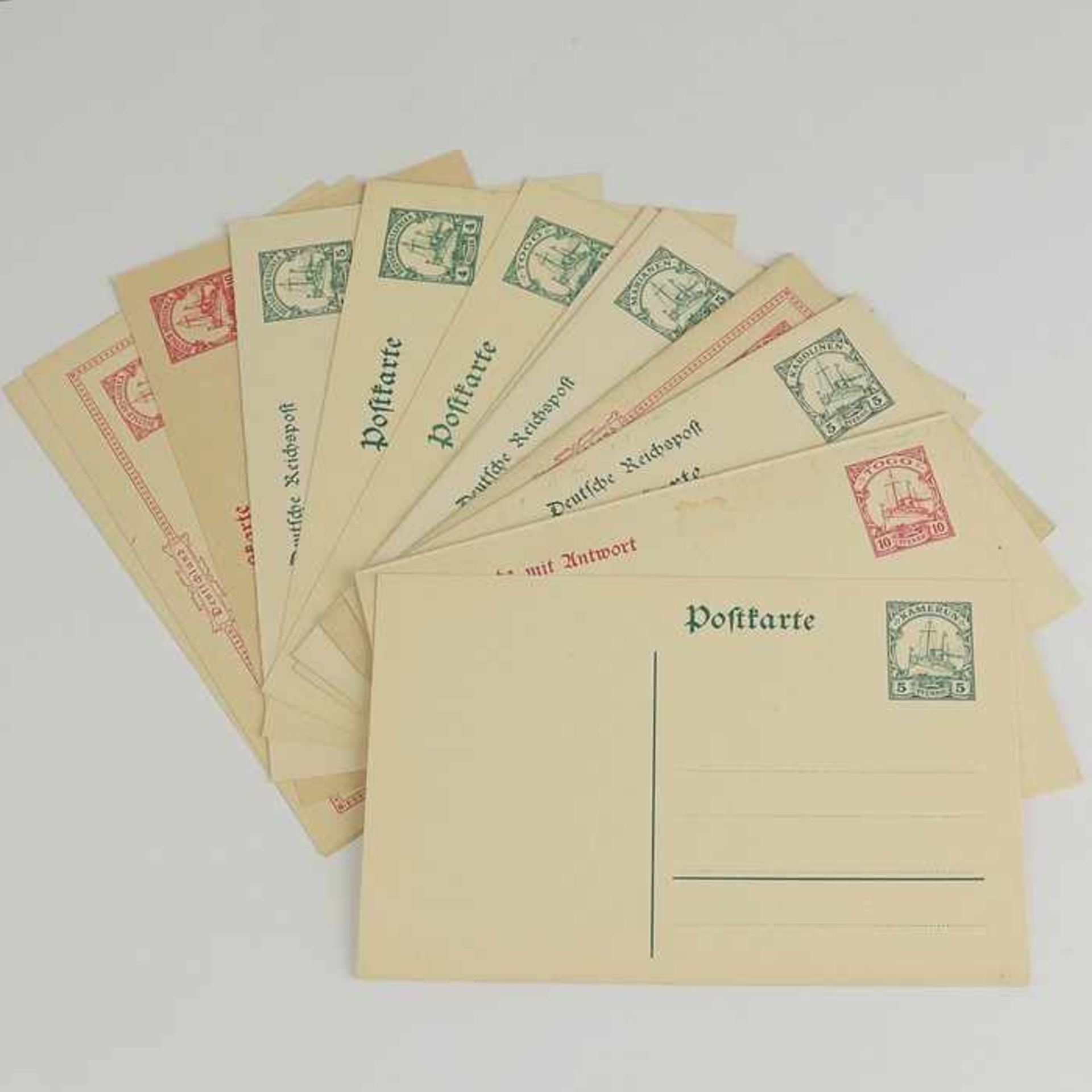 Ganzsachen - Kolonieum 1900, 12 St., vorfrankierte Postkarten, versch. Kolonien, darunter Kamerun,