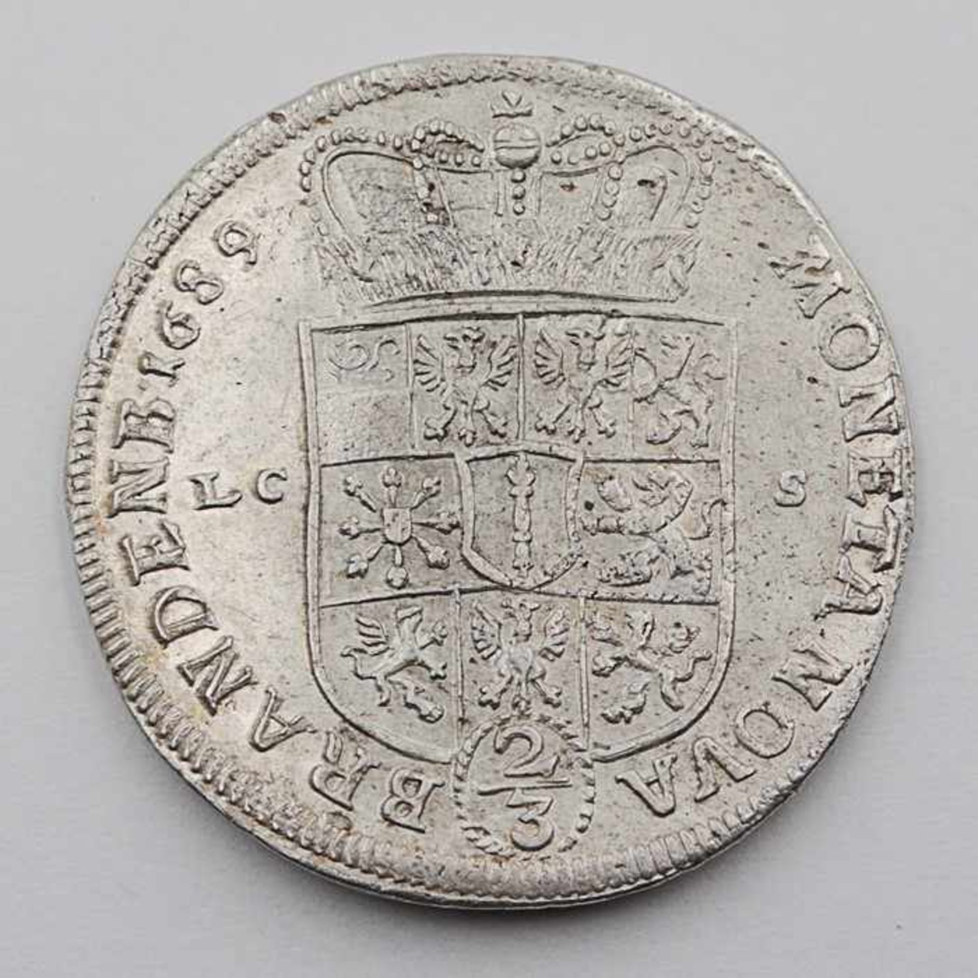BrandenburgSilbermünze, 2/3 Taler 1689, Brandenb. Moneta Nova, Friedrich III, ss, Patina, Kratzer- - - Bild 2 aus 2