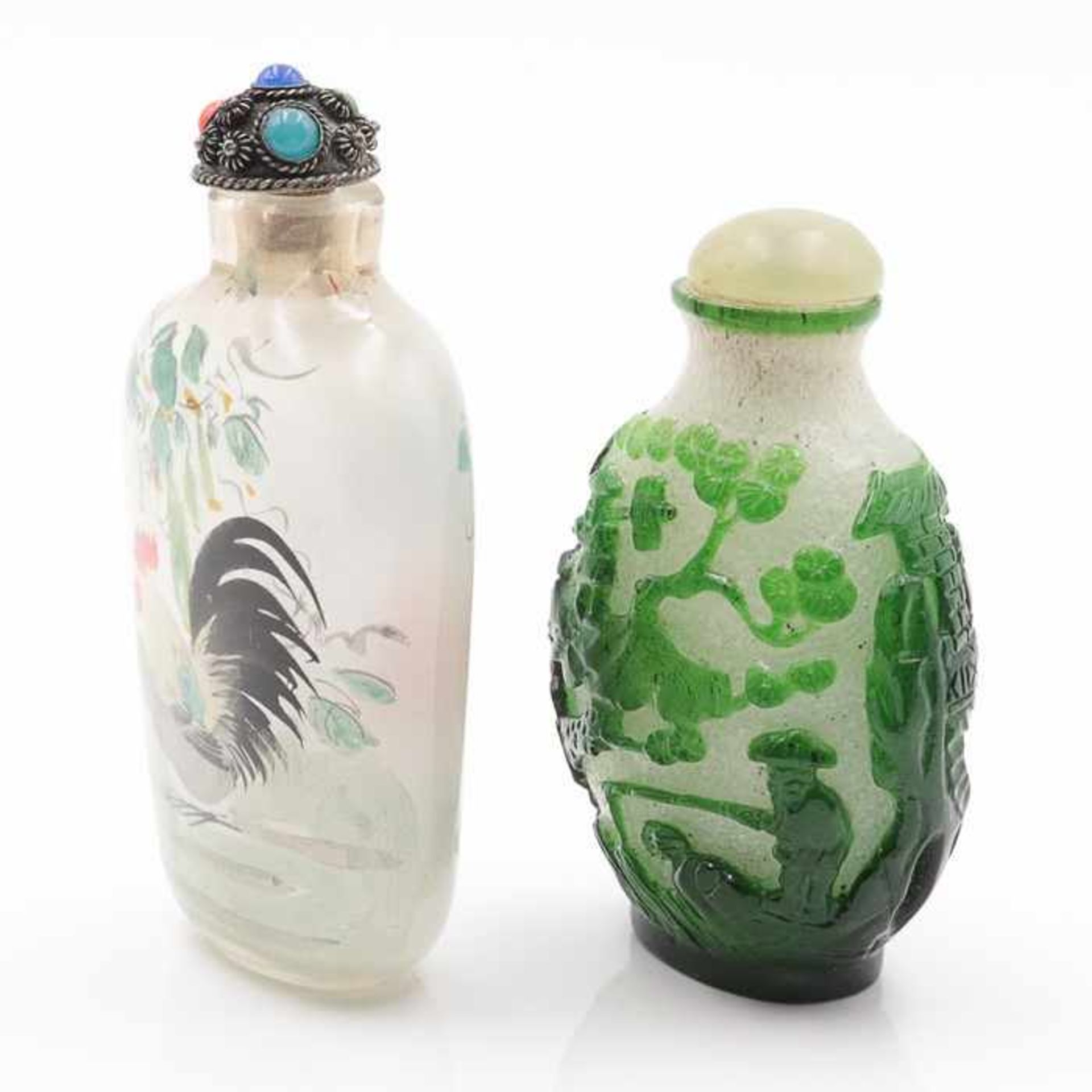 Snuff Bottle -China2 St., Pekingglasfläschchen, versch. Formen u. Dekore, 1x Glas, - Image 2 of 2