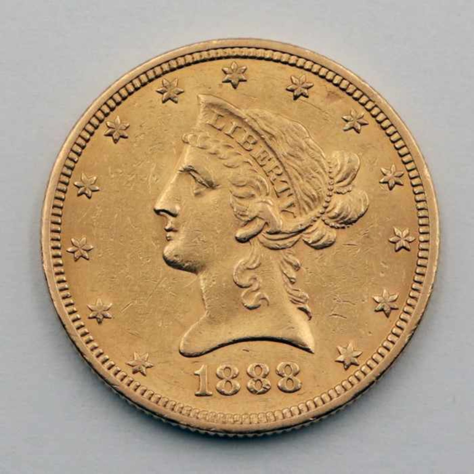 Goldmünze - 10 DollarUSA 1888, 900er Gold, G ca. 16,7 g, 1/2 Unze Feingold, Coroned Head / Eagle, - Image 2 of 2