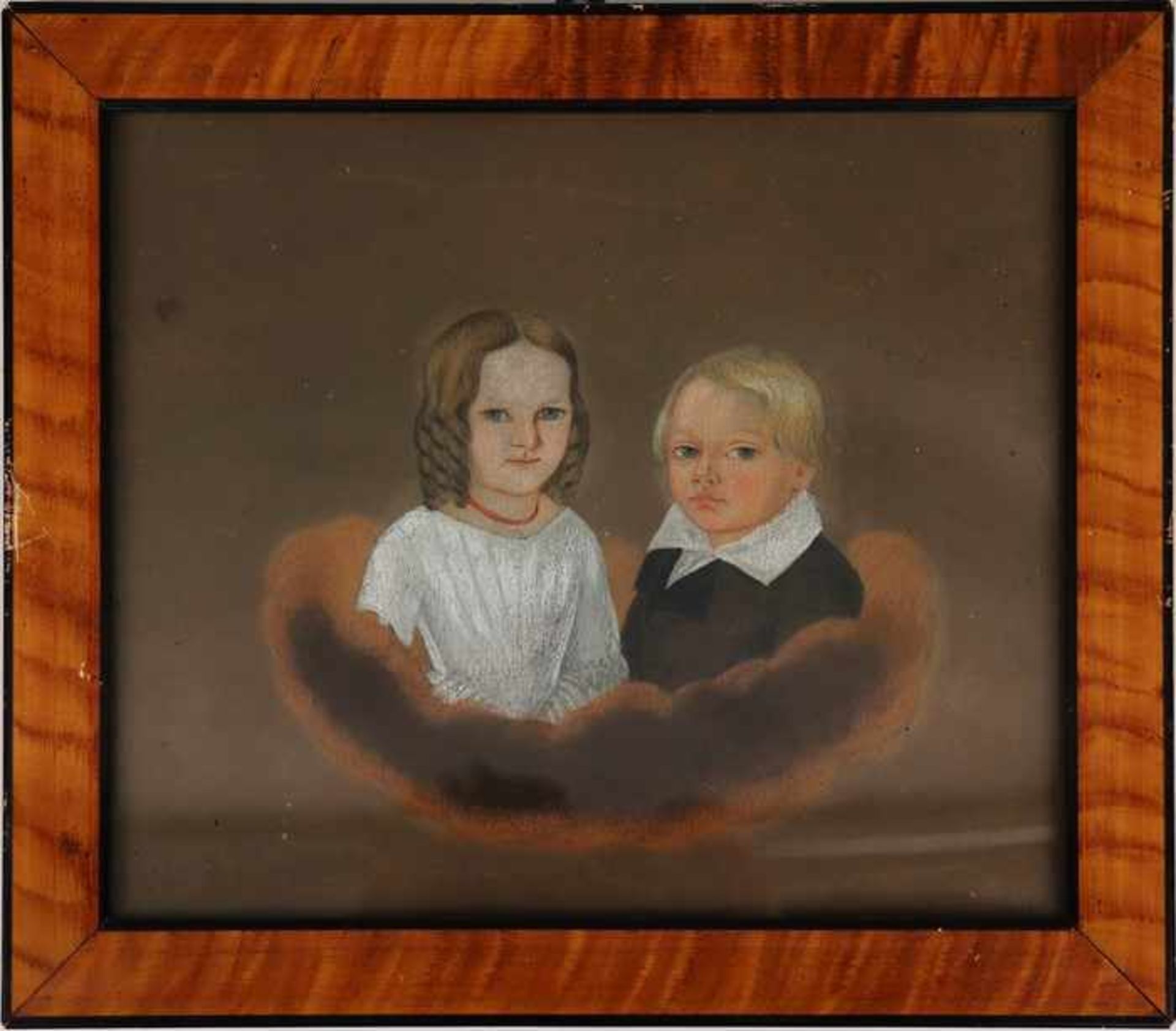 Unsigniert"Biedermeier - Kinderportrait", Brustbild eines Jungen u. eines Mädchens, Pastell/