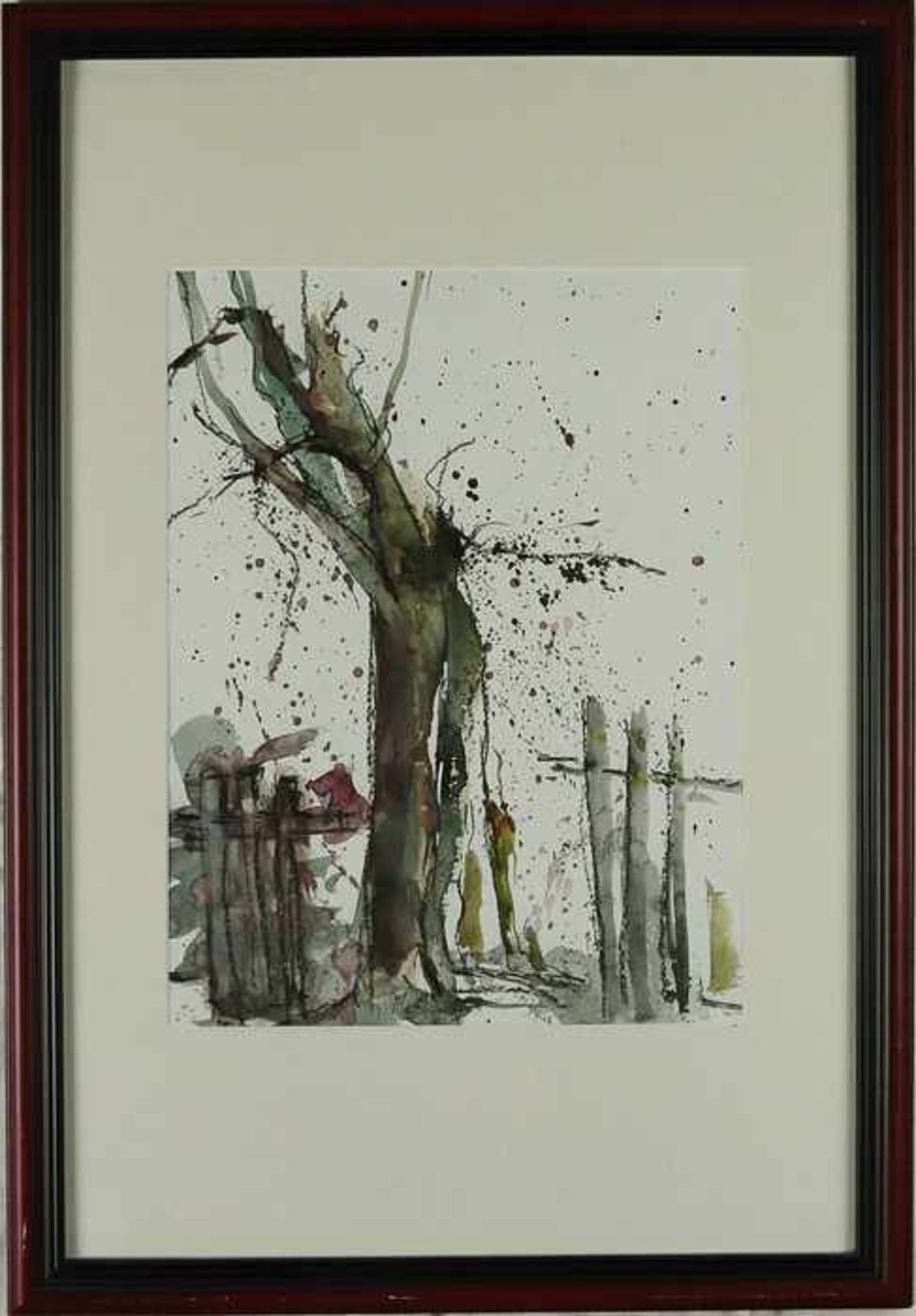 Ressel, Gertrudzeitgenössische Künstlerin aus Pettstadt, "Kahler Baum vor dem Gartenzaun", Aquarell,