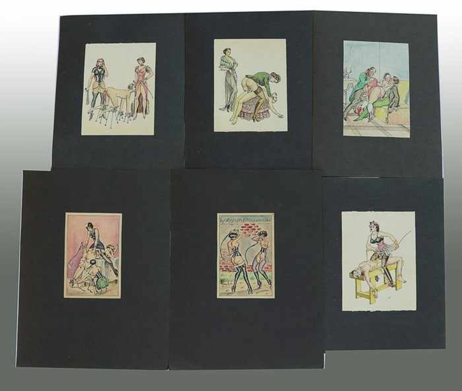 Unsigniert - Erotikaum 1920, 6 Tuschezeichnungen, aquarelliert, "Erotische Szenen", verschiedene