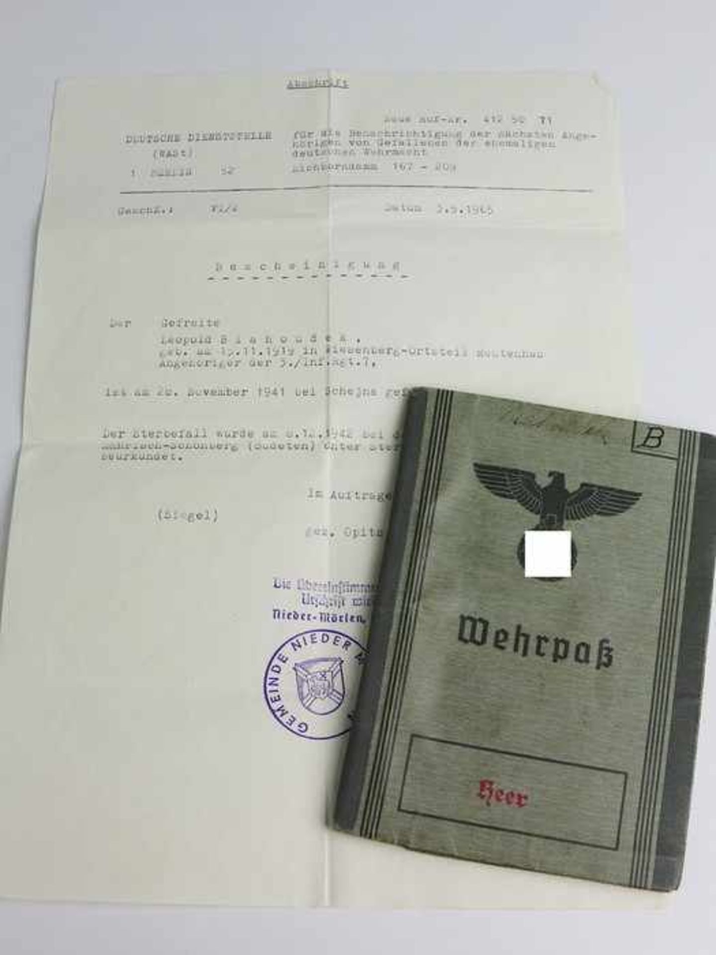Wehrpass - WehrmachtHeer, v. Leopold Blohoudek, 3. / Inf, Rgt., 7, gefallen 20.11.1941 in