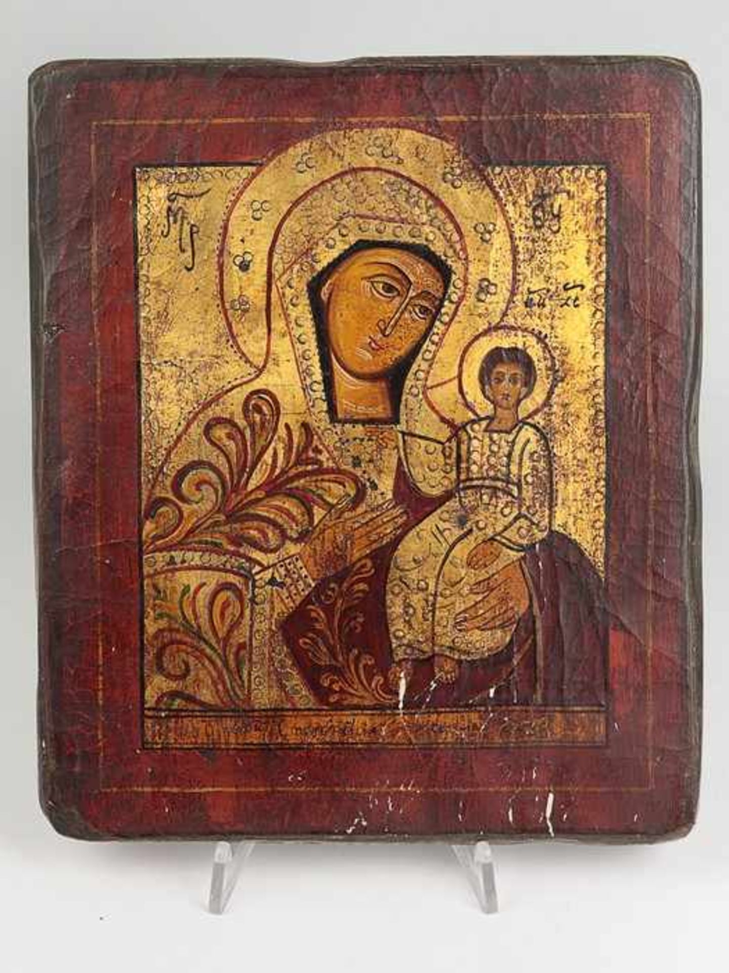 Ikone20.Jh., Holz, gemalt, Tempera und Gold auf Kreidegrund, Maria mit Kind, Hodegetria,
