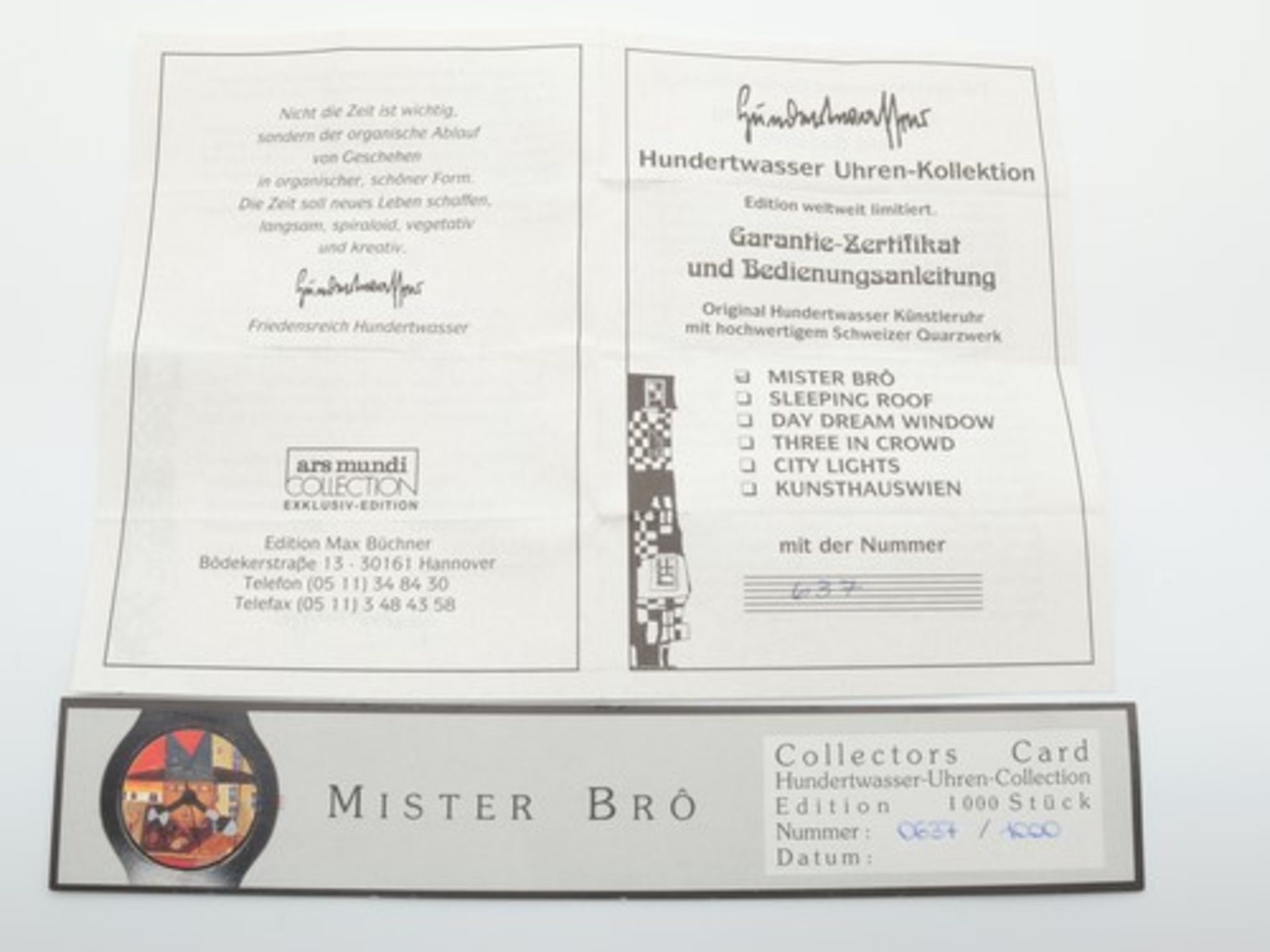 Hundertwasser - Künstlerarmbanduhren2 St., limitierte Edition, 1x Mister Bro, Nr.637/1000, u. 1x - Bild 7 aus 8