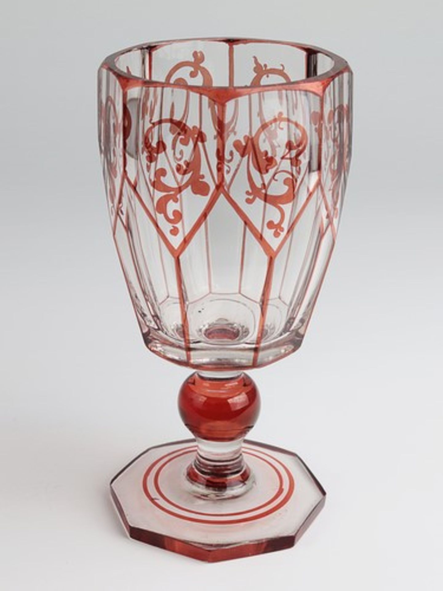 Fußbecherum 1900, farbloses dickw. Glas, oktogonaler Stand, dünner Schaft m. Kugelnodus, hoher,