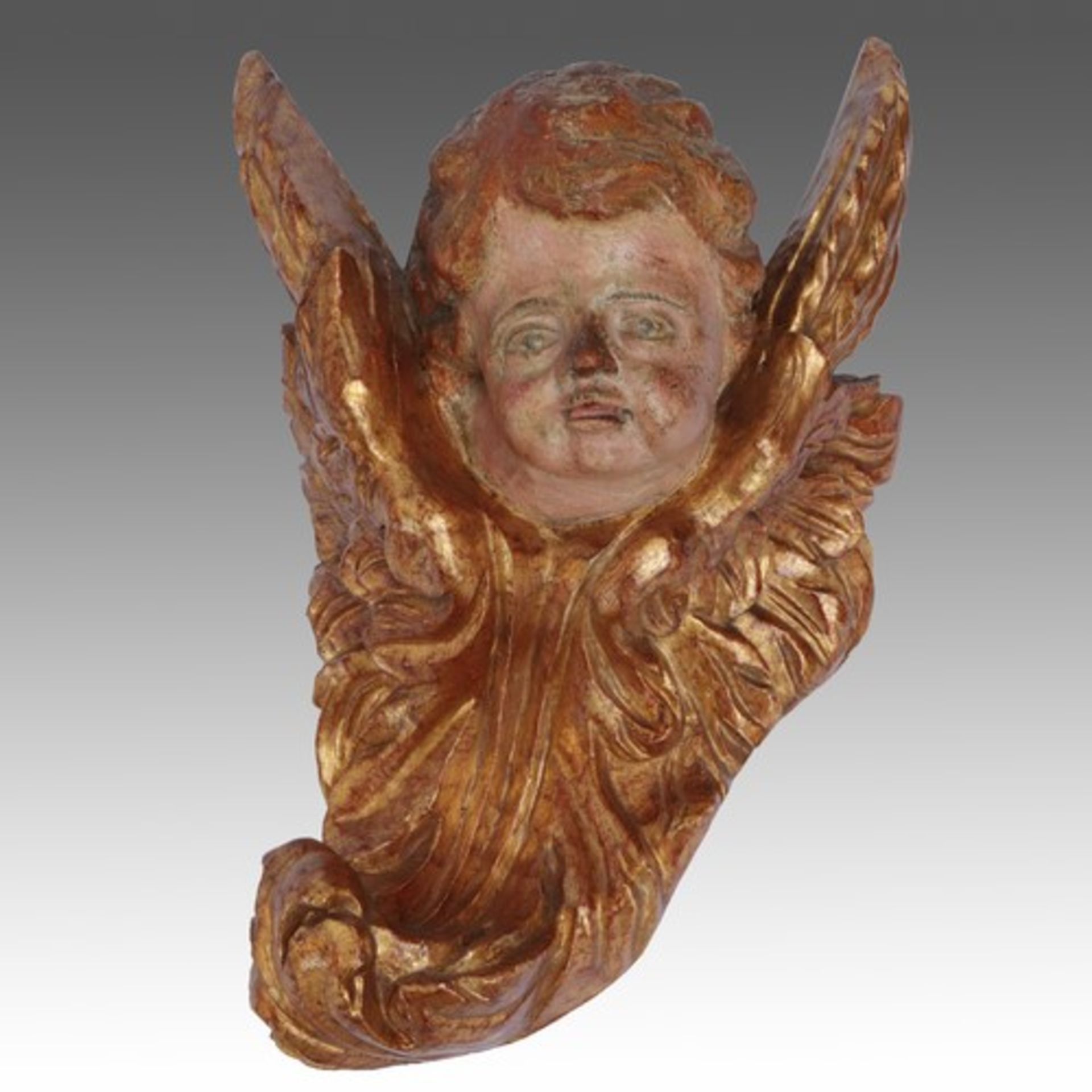 Engelskopf18./19.Jh., Holz, geschnitzt, halbplast. Kopf mit Flügeln in einem Akanthusblatt