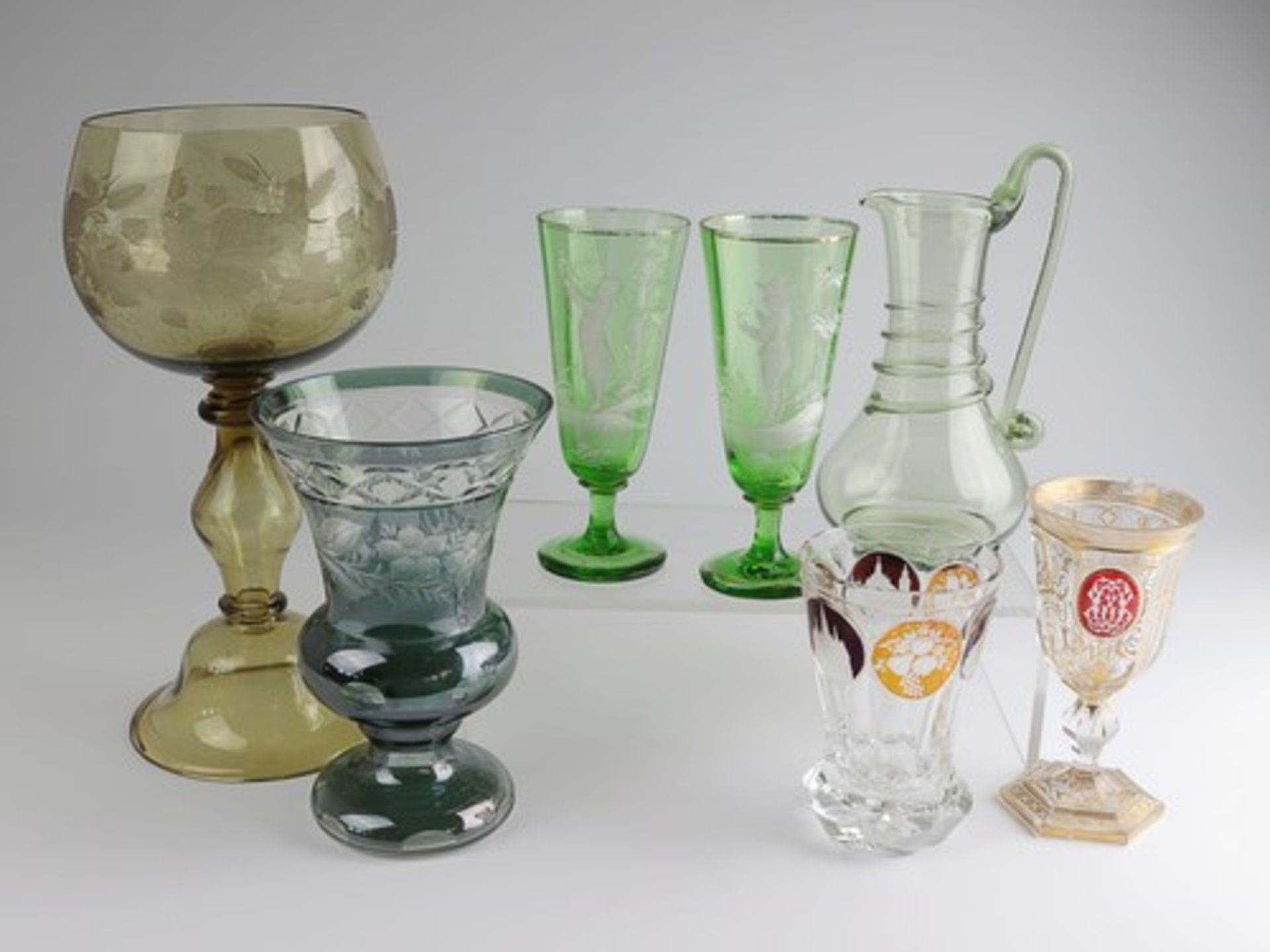 Konvolutum 1880/1900, 7 St., versch. Trinkbecher, Krug, Vase u. gr. Weinglas, untersch. Formen u. - Bild 5 aus 5