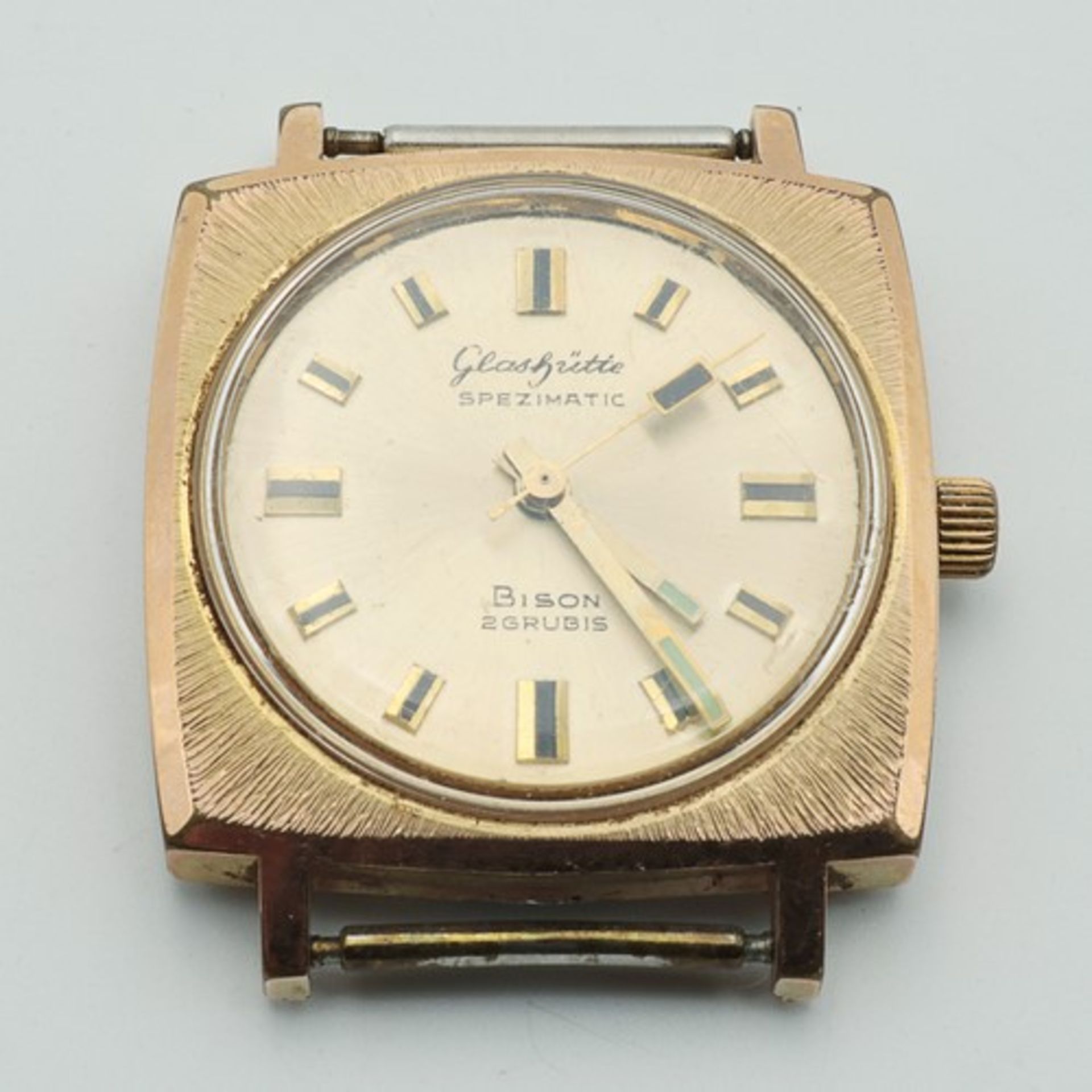 Glashütte - HerrenarmbanduhrEdelstahl, tlw. goldfarben, quadr. Gehäuse, ca.3,5 x 3,5cm,