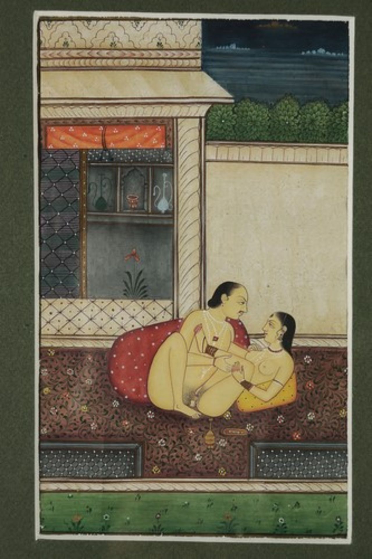 Bild - ErotikaA. 20.Jh., Indien, Mischtechnik/Papier, erotische Darstellung im Palastinterieur, - Image 2 of 3