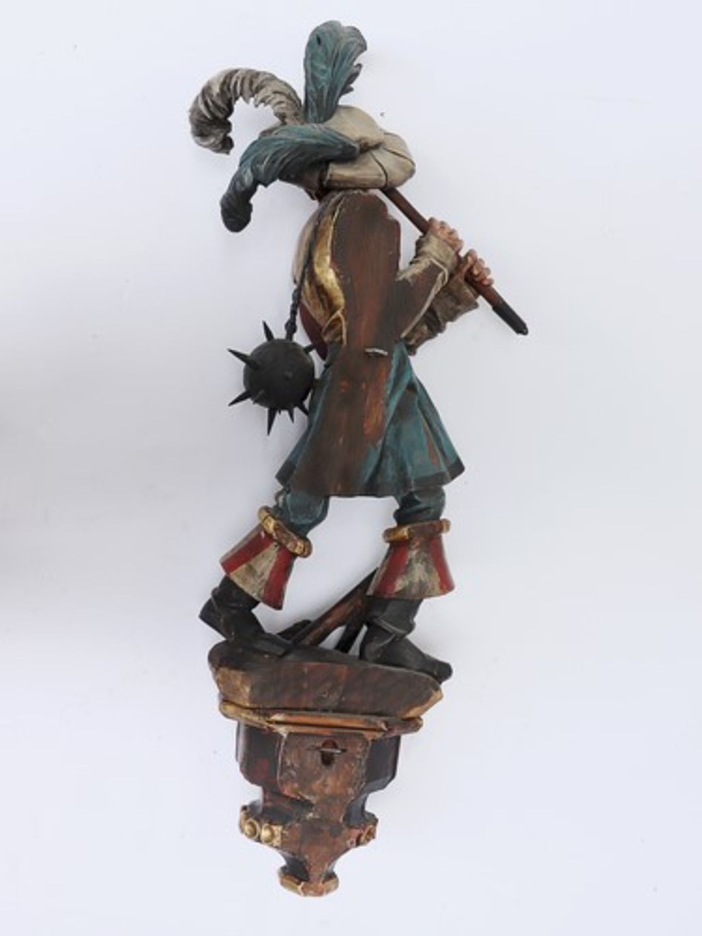 Holzfigur20. Jh., monogr. S.P., Landsknecht mit Morgenstern, auf oktogonaler Konsole, halbplastische - Image 3 of 5