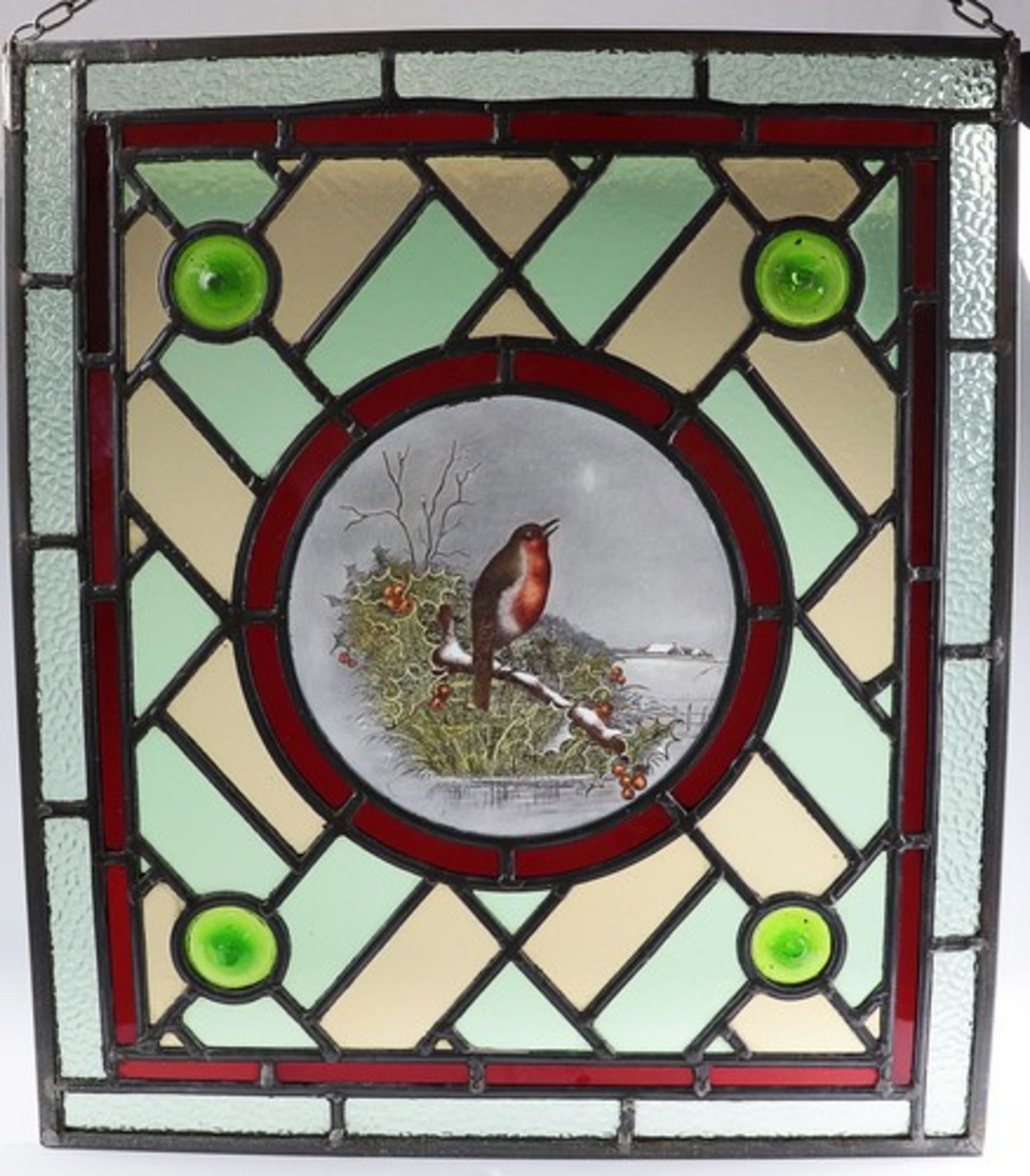 Glasfensterum 1900, farblose u. polychrome Bleiverglasung in rechteckiger Metallrahmung, außen