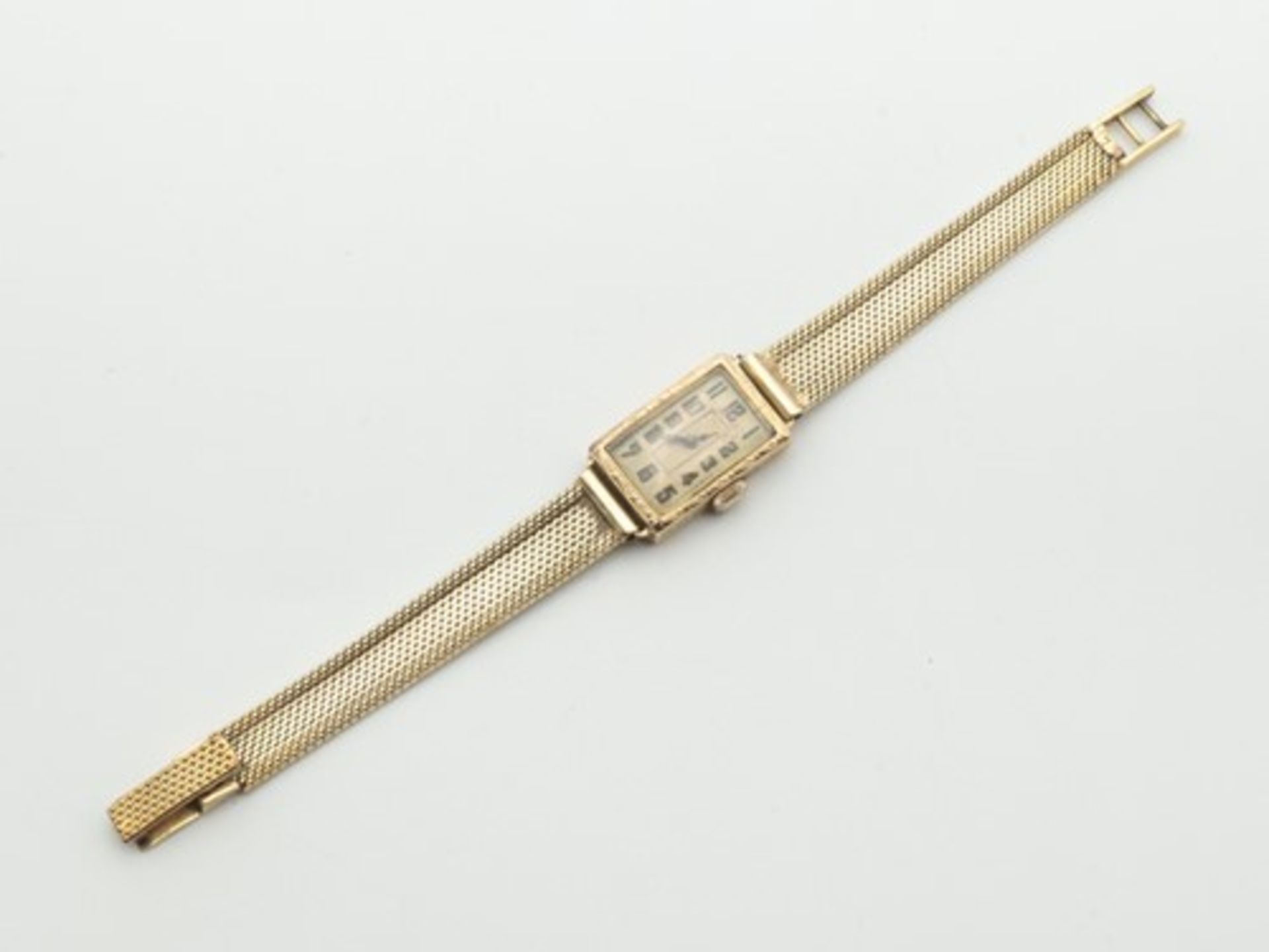 DamenarmbanduhrGG 585 gepr., rechteckiges Gehäuse, ca.2,1 x 1,3cm, goldfarbenes Zifferblatt, arab. - Bild 2 aus 3