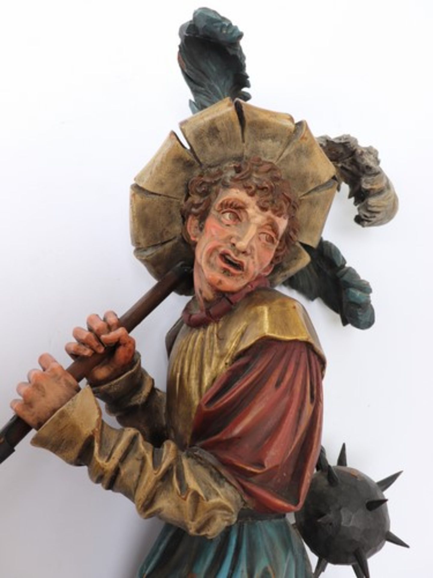 Holzfigur20. Jh., monogr. S.P., Landsknecht mit Morgenstern, auf oktogonaler Konsole, halbplastische - Bild 4 aus 5